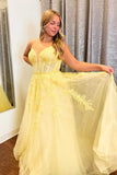 Straps Yellow Appliques A-Line Long Formal Dress