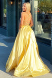 Straps Yellow Satin Long Prom Dress with Lace Up Back