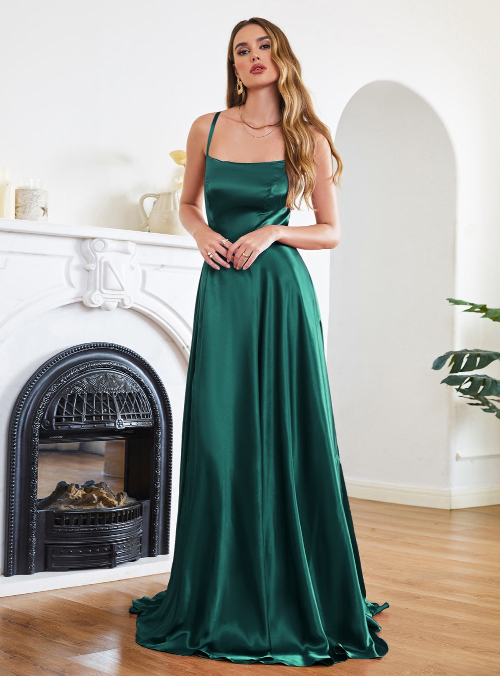 Stunning Spaghetti Straps Satin Floor Length Dress with Side Slit - Babyonlines