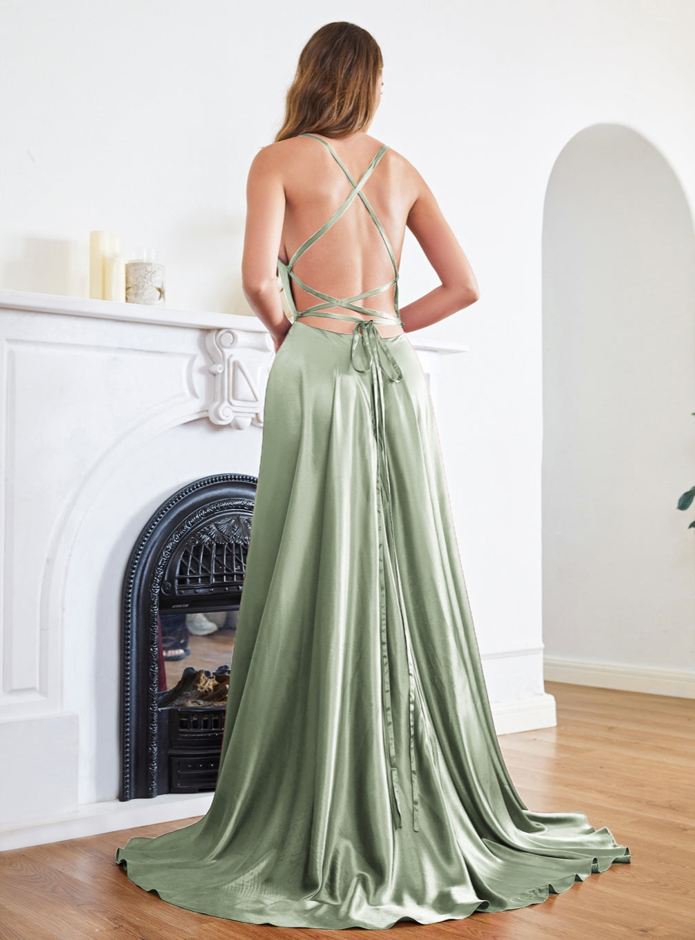 Stunning Spaghetti Straps Satin Floor Length Dress with Side Slit - Babyonlines