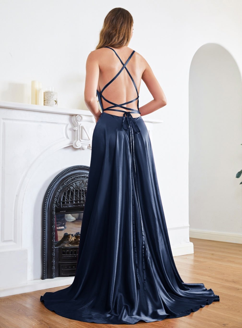 Stunning Spaghetti Straps Satin Floor Length Dress with Side Slit - Babyonlines