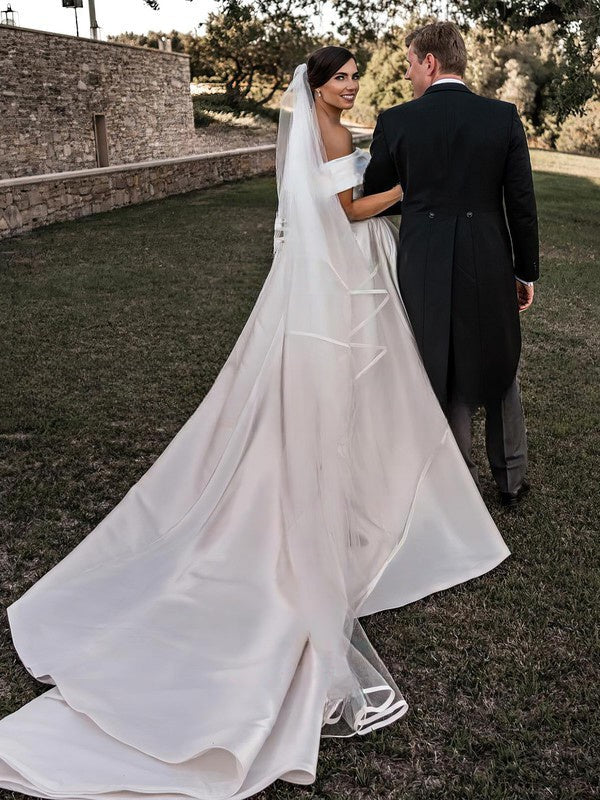 Stunning Off-the-shoulder Satin Ball Gown Wedding Dress With Pockets