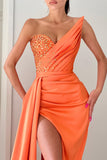 Stunning Orange V-Neck Mermaid Evening Dress Long Split with Beads