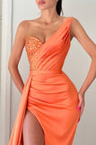 Stunning Orange V-Neck Mermaid Evening Dress Long Split with Beads