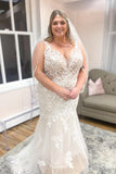 Stunning V-Neck Spaghetti Strap Mermaid Wedding Dress with Lace, Tulle, and Appliques