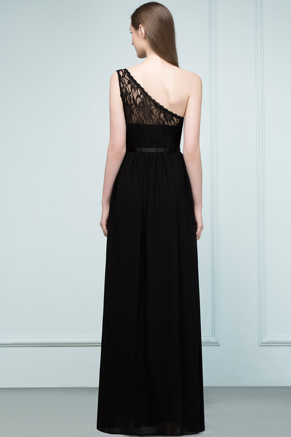 Stylish Black Chiffon One-Shoulder Lace Affordable Bridesmaid Dresses-Babyonlines