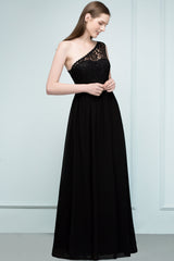 Stylish Black Chiffon One-Shoulder Lace Affordable Bridesmaid Dresses-Babyonlines