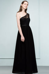 Stylish Black Chiffon One-Shoulder Lace Affordable Bridesmaid Dresses-Babyonlines