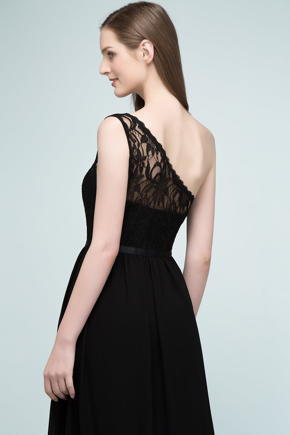 Stylish Black Chiffon One-Shoulder Lace Affordable Bridesmaid Dresses-Babyonlines