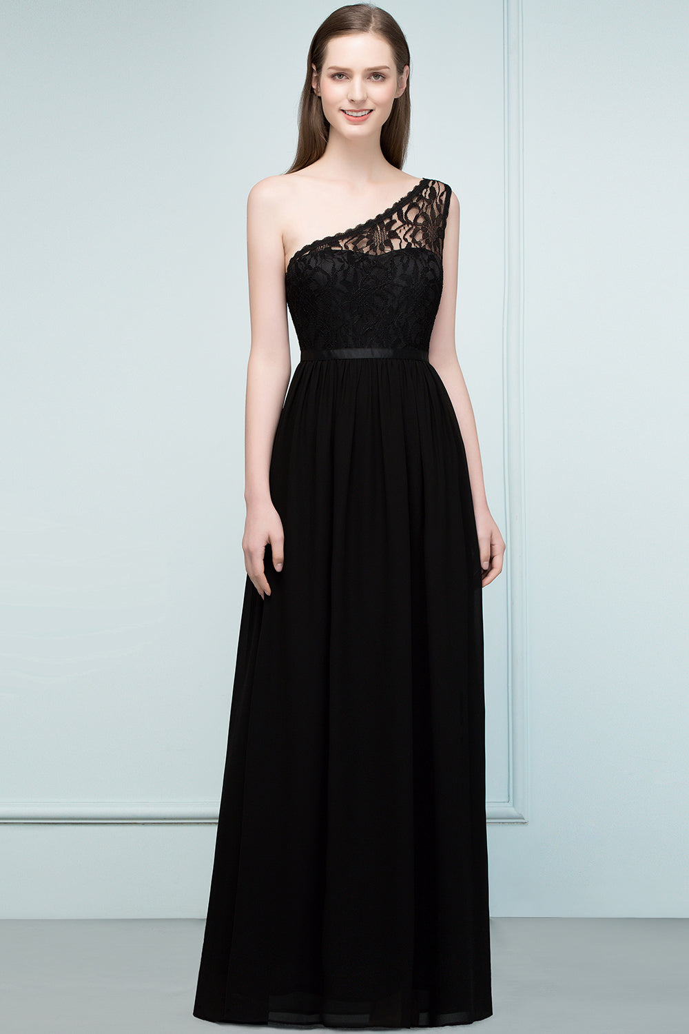 Stylish Black Chiffon One-Shoulder Lace Affordable Bridesmaid Dresses-Babyonlines