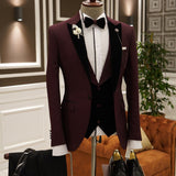 Stylish Burgundy Peaked Lapel Evening Suit with Three Pieces