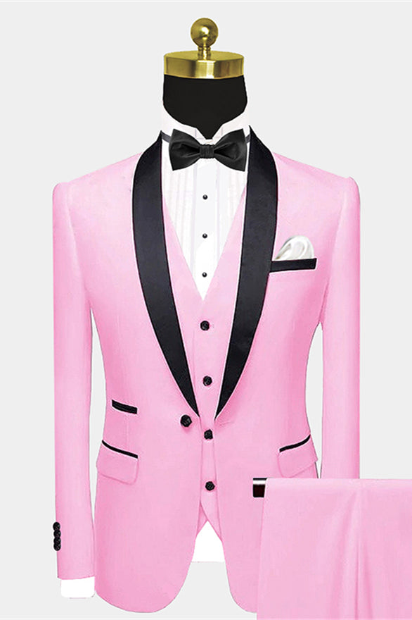 Stylish Candy Pink Reception Tuxedo with Black Satin Shawl Lapel for Groom