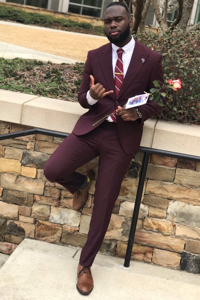 Stylish Dark Burgundy One-Button Prince Suit with Peaked Lapel for Prom