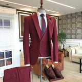 Stylish Dark Red Three-Piece Groom and Groomsmen Suit with Peaked Lapel