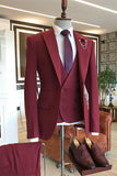 Stylish Dark Red Three-Piece Groom and Groomsmen Suit with Peaked Lapel