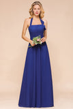 Stylish Halter Backless Royal Blue Bridesmaid Dress Affordable with Ruffle-Babyonlines