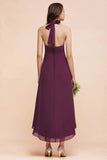 Stylish Hi-Lo Halter Grape Chiffon Affordable Bridesmaid Dresses with Ruffle-Babyonlines