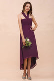 Stylish Hi-Lo Halter Grape Chiffon Affordable Bridesmaid Dresses with Ruffle-Babyonlines