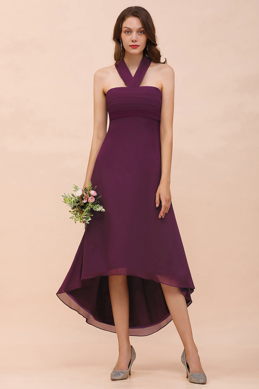 Stylish Hi-Lo Halter Grape Chiffon Affordable Bridesmaid Dresses with Ruffle-Babyonlines