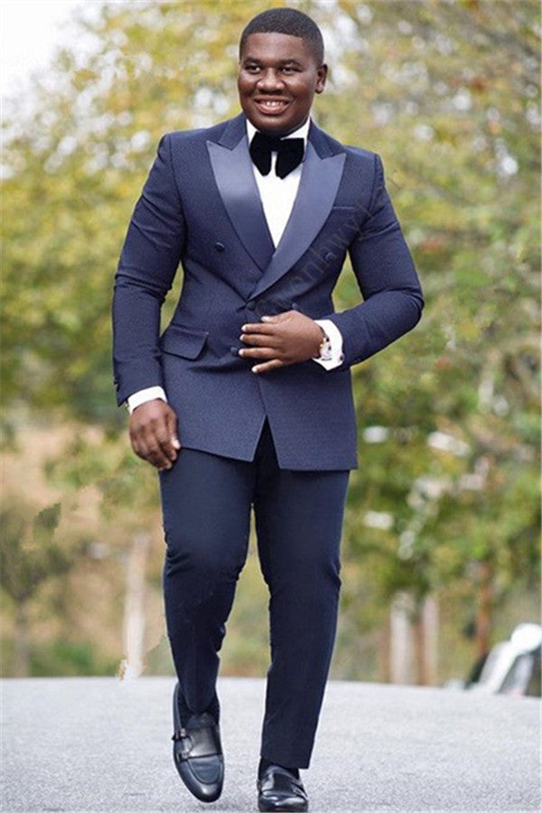 Stylish Navy Blue Silk Lapel Reception Suit, Double Slim Fit with Peaked Lapel