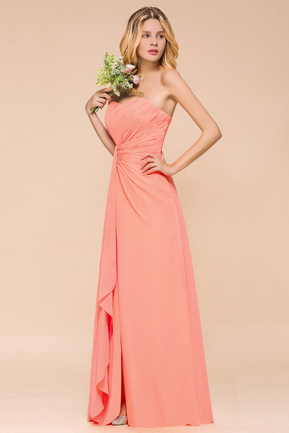 Stylish Sweetheart Ruffle Affordable Coral Chiffon Bridesmaid Dresses Online-Babyonlines