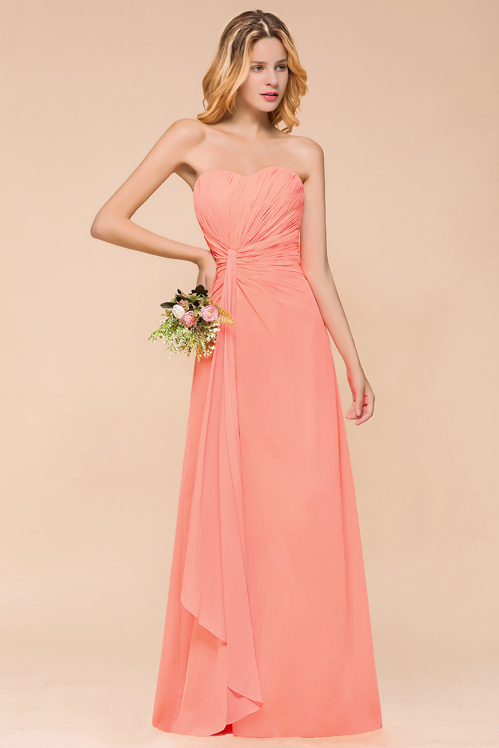 Stylish Sweetheart Ruffle Affordable Coral Chiffon Bridesmaid Dresses Online-Babyonlines