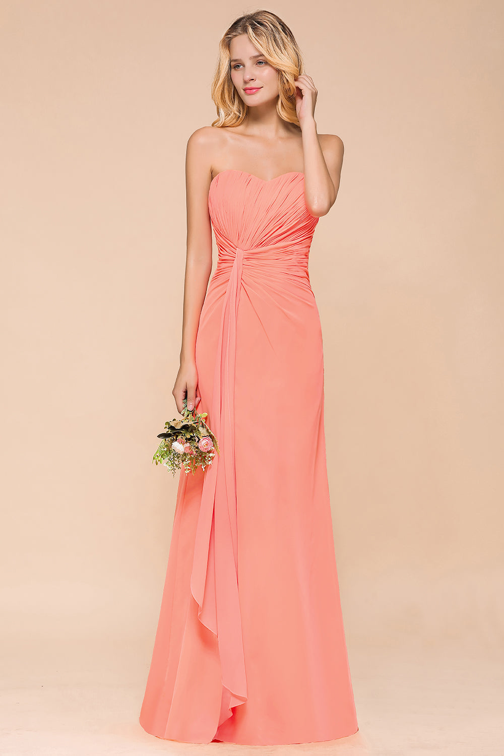 Stylish Sweetheart Ruffle Affordable Coral Chiffon Bridesmaid Dresses Online-Babyonlines