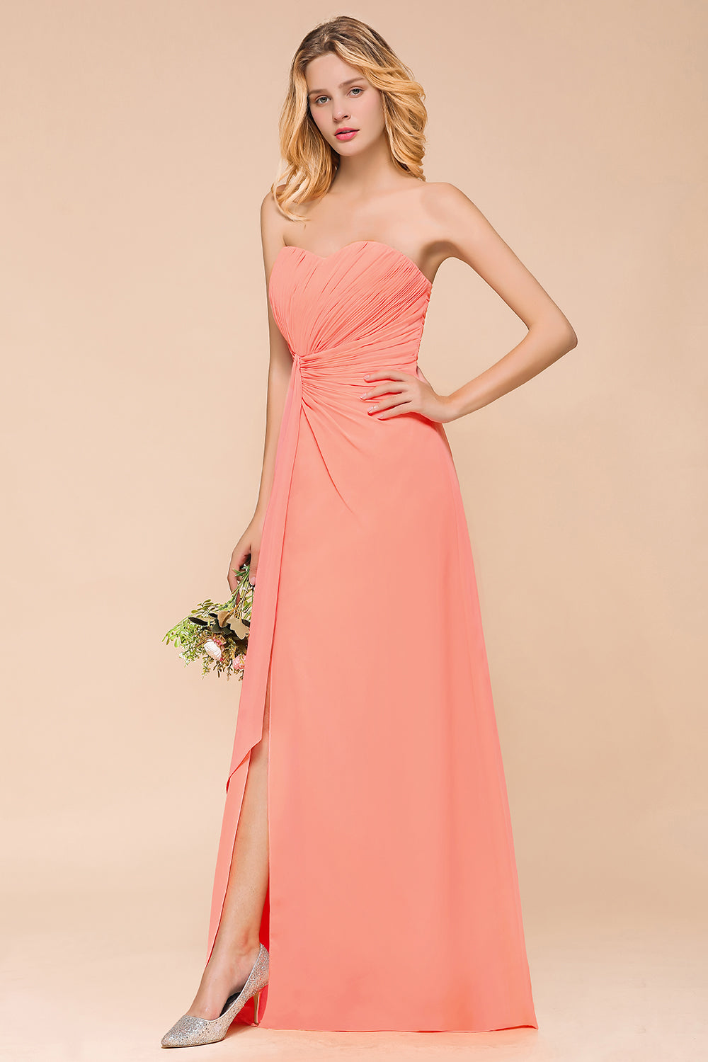 Stylish Sweetheart Ruffle Affordable Coral Chiffon Bridesmaid Dresses Online-Babyonlines