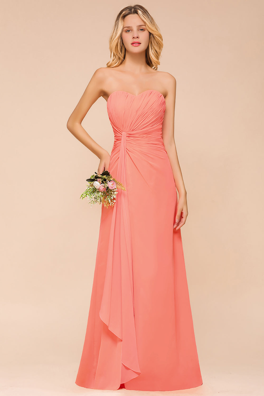 Stylish Sweetheart Ruffle Affordable Coral Chiffon Bridesmaid Dresses Online-Babyonlines