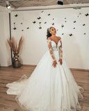 Sweetheart A-Line Floor-length Tulle Wedding Dress With Long Sleeves Lace Appliques