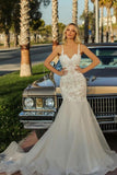 Sweetheart Backless Long Mermaid Wedding Dress With Tulle Lace