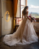 Sweetheart Backless Train A-Line Wedding Dress with Tulle and Floral Lace