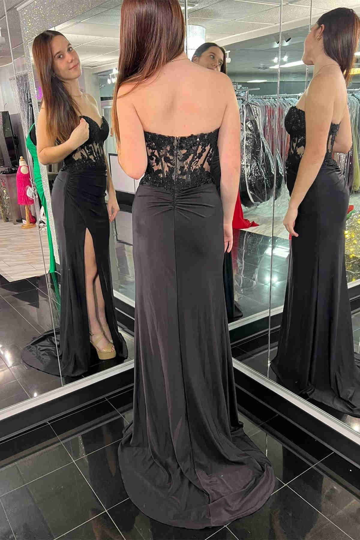 Sweetheart Black Sheer Lace Corset Long Prom Dress