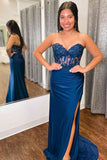 Sweetheart Blue Corset Pleated Long Prom Dress