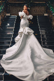 Sweetheart Bubble Sleeve Applique Mermaid Wedding Dress with Cathedral Train