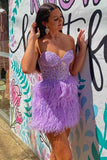 Sweetheart Feather Skirt Lavender Tight Homecoming Dress