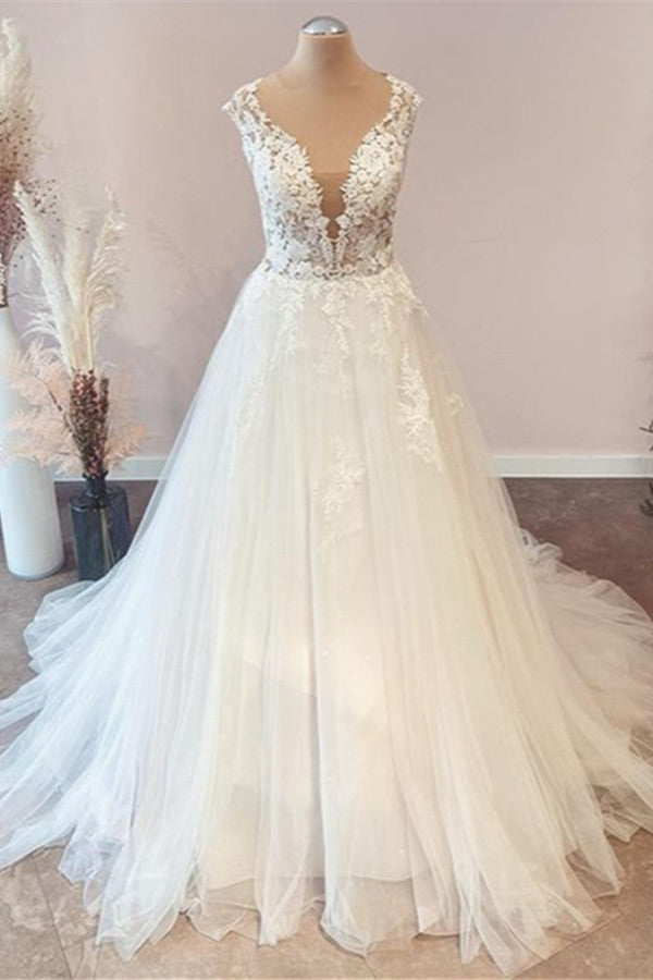 Sweetheart Floral Lace Floor-Length A-Line Wedding Dress with Tulle Ruffles