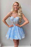 Sweetheart Light Blue Bustier Lace Short Homecoming Dress