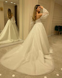 Sweetheart Long Sleeve Backless A-Line Train Wedding Dress with Lace Appliques