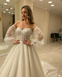 Sweetheart Long Sleeve Backless A-Line Train Wedding Dress with Lace Appliques