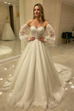 Sweetheart Long Sleeve Backless A-Line Train Wedding Dress with Lace Appliques