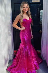 Sweetheart Mermaid Fuchsia Sequined Long Prom Dress