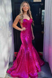 Sweetheart Mermaid Fuchsia Sequined Long Prom Dress