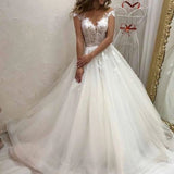 Sweetheart Off-the-Shoulder A-Line Wedding Dress with Train, Tulle, and Lace Appliques