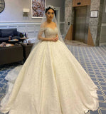 Sweetheart Off-the-Shoulder Backless Ball Gown Wedding Dress with Pearl Beading and Ruffles