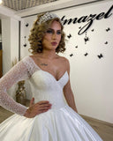 Sweetheart Pearl Floor-Length Ruffle Ball Gown Wedding Dress with Long Sleeves