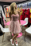 Sweetheart Pink Grid Short homecoming Dress with Feathers