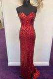 Sweetheart Red Sequins Long Prom Dress with Sweep Train