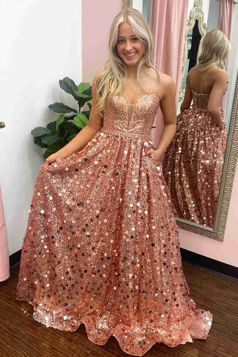 Sweetheart Rose Gold Sequins A-Line Prom Dress