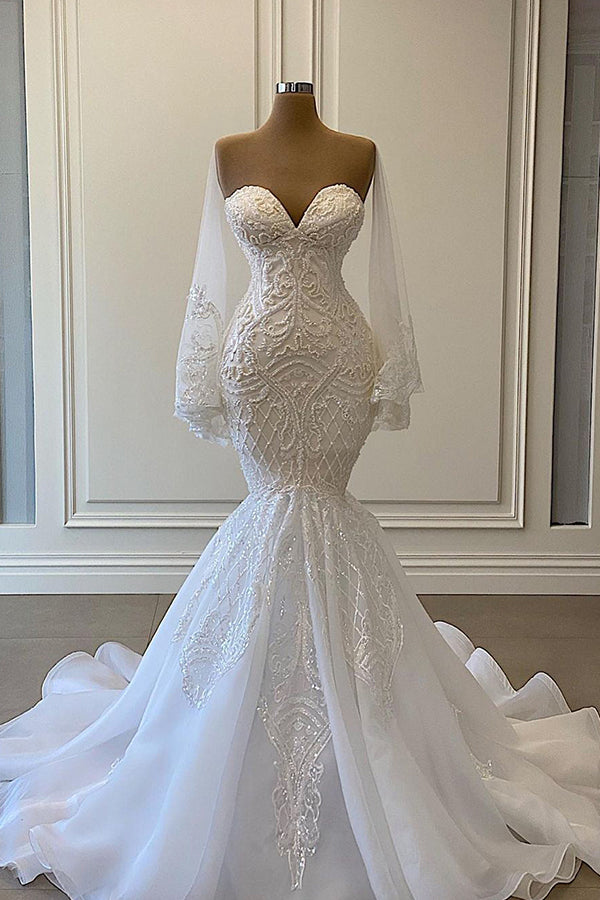 Sweetheart Strapless Lace Mermaid Wedding Dress with Pearl Beading